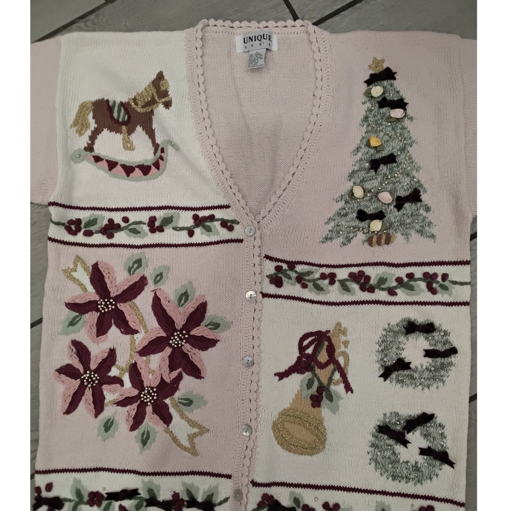 Unique Knit Women's Christmas Cardigan Sweater Rocking Horse‎ Tree Poinsettia -L - Picture 2 of 10